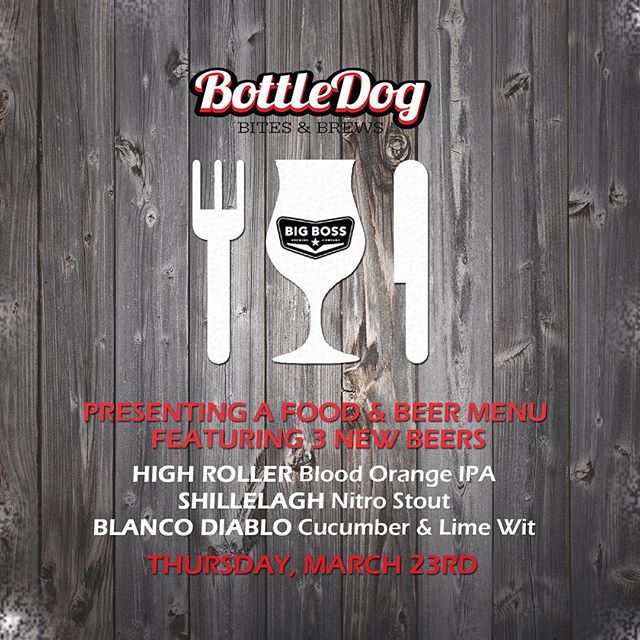 We excited about our food and beer event with @bottledogcary! We took three of our new beers: #bloodorange IPA, cuke & lime wit & #nitrostout and paired with their unique menu items including poutines, flatbreads, gourmet dogs & sandwiches!  Everything on the menu is priced individually so feel free to make your own pairing suggestions for the perfect meal!