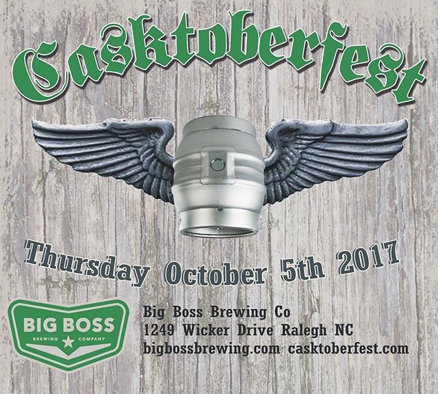 Announcing Thursday October 5th for the 7th annual #ncbeer Casktoberfest celebration.  Join us for cask ale in the beer garden as we celebrate old world traditions in new ways.  Follow updates and RSVP at https://www.facebook.com/bigbossbrewing/posts/10154805488077879 #ncbeer #cask #firkin #raleigh